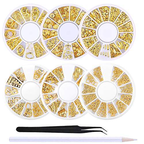 WOKOTO 6 Boxes 3D Hollow Gold Nail Decoration Shell Metal Nail Studs Nail Jewels Kit With 1Pc Tweezers And Picker Pencil