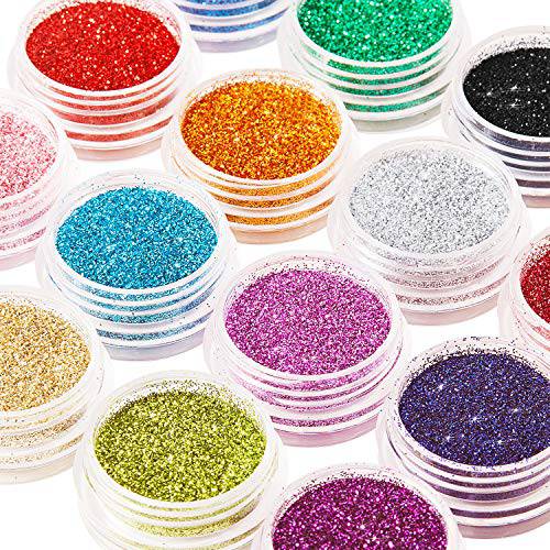 16 Colors Glitter Nail Sequins Powder Cosmetic Festival Chunky Body Manicure Craft Glitter for Nail Hair Face with 6 Small Brushes (0.3 mm, Mixed Colors)