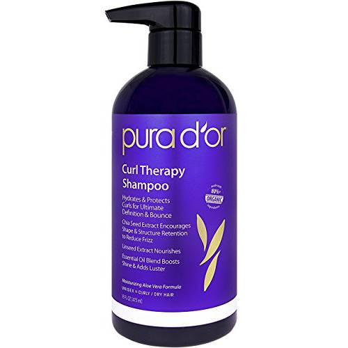 PURA D’OR Curl Therapy Shampoo (16oz) for Curly, Wavy or Frizzy Hair, Improves Shine, Definition & Bounce, Gentle Sulfate Free Formula Infused with Natural & Organic Ingredients, for Men and Women