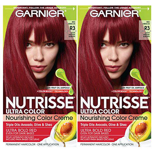Garnier Hair Color Nutrisse Ultra Color Nourishing Creme, R3 Light Intense Auburn (Red Hibiscus) Permanent Hair Dye, 2 Count (Packaging May Vary)