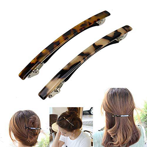 Luckycivia 2 Pack Hair Barrette, Long and Thin Handmade Celluloid Onyx Hair Clip, Elegant Automatic Hair Clip, Barrette Ponytail Holders for Women/Girls - 4 Inches