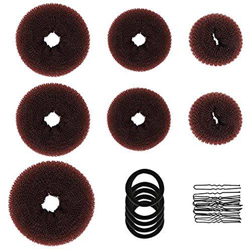 Donut Hair Bun Maker, MORGLES 7pcs Donut Bun Maker Hair Ring Style Bun Maker Set with 5pcs Hair Elastic Bands, 20pcs Hair Pins (Dark Brown)