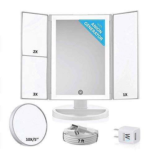 WONDER MIRROR with AirVitamin Anions + Big 10x Magnification Suction Mirror, Already with Charger + Long 7 ft Cord, Lighted Vanity Makeup Mirror w/ Dimmable Led Lights and Storage Base