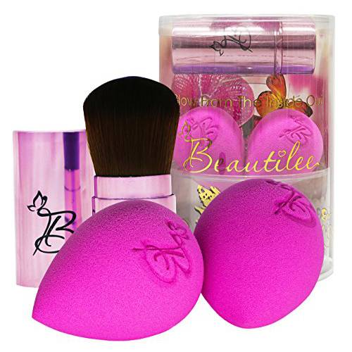 Beautilee Makeup Blending: Blend Like a Pro with This 3 Piece Beauty Kit of 2 Soft Sponges and 1 Soft Powder Brush in 2 Color Choices Plus Instructions (GOLD BRUSH)