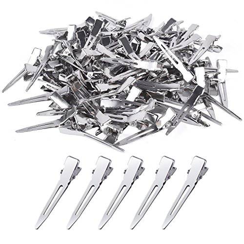 BronaGrand 100pcs 4.5cm Silver Single Prong Curl Clips Silver Section Clips Metal Alligator Hair Pins Clips Clothing for Hair Extensions