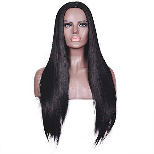Deifor 28 inches Long Straight Middle Parting Natural Heat Resistant Replacement Hair Synthetic Wigs for Women Cosplay Party Daily Wear (1B Black)