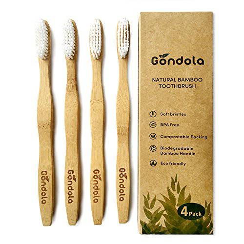Gondola Bamboo Toothbrush Set – Vegan Organic Eco Friendly Toothbrushes with Soft Bristles & Smooth Ergonomic Bamboo Handles – Zero Waste Packaging – 4 Pack