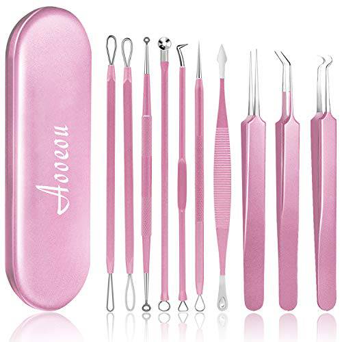 10PCS Blackhead Remover Tool, Aooeou Professional Pimple Popper Tool Kit - Treatment for Blemish, Whitehead Popping, Zit Removing for Risk Free Nose Face, Anti-Slip Coating Handle(Pink)