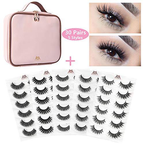 MAGEFY Fake Eyelashes 30 Pairs, 5 Styles Natural Fluffy False Lashes,Faux Mink Lashes Wholesale with Portable Travel Makeup Bag (Pink)