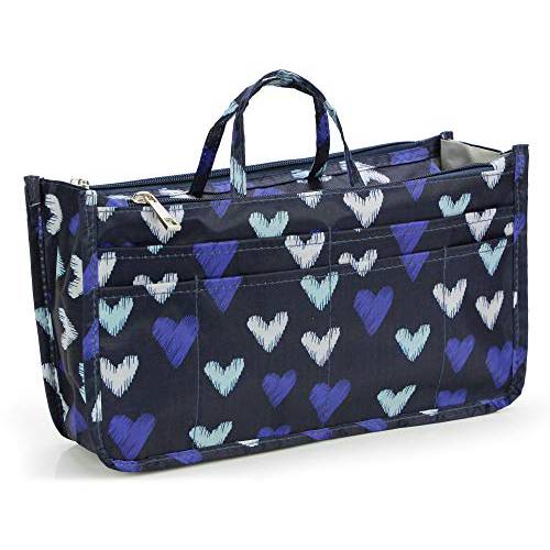 Cosmetic Bag for Women Cute Printing 14 Pockets Expandable Makeup Organizer Purse with Handles (Large Heart)