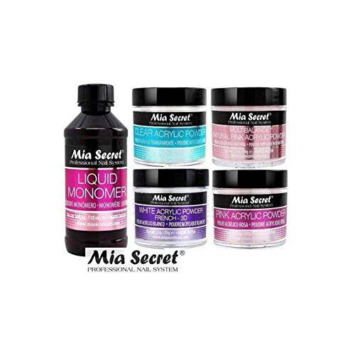 MIA SECRET 4 oz LIQUID MONOMER + Acrylic Powders Set - Pink 2 oz, Clear 2 oz, 3D White 2 oz & Multibalance Pink 2 oz