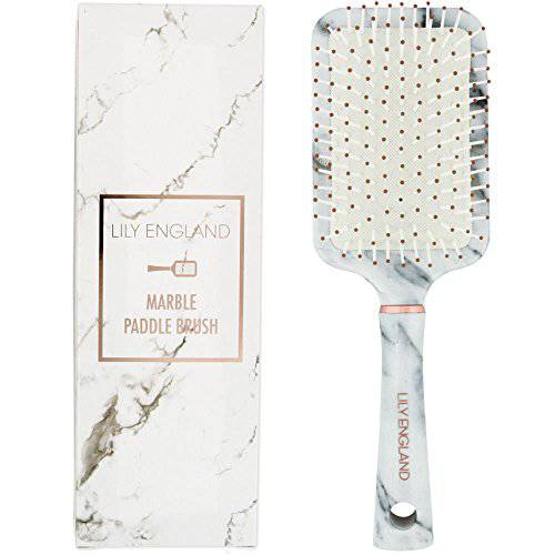 Paddle Brush for Detangling, Blowdrying and Straightening - Professional Large Hair Brush All Hair Types, Hairbrush for Women Marble & Rose Gold by Lily England