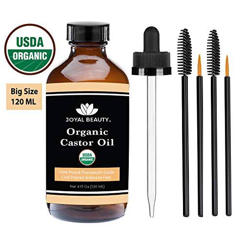 Castor Oil (4 OZ) USDA Organic 100% Pure Cold-Pressed Hexane-free Premium Quality Large Size for Hair Growth, Eyelashes, Eyebrows, Beard and Skin by Joyal Beauty. Bonus FREE Mascara Kit Included