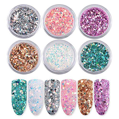Laza 6 Color Holographic Fine Glitter Sequins Mixed Ultra Fine Glitter Powder Nail Art Flakes Sparkles Set Tips for Acrylic Nails Polish DIY Resin Slime Decoration Women Girls - Black Blue