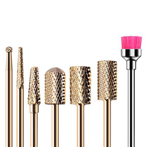MelodySusie Nail Drill Bits Set, 7pcs Tungsten Carbide Nail Bits for Nail Drill E-file, 3/32 inch Bits Manicure Pedicure Remover Tools for Acrylic Gel Nails, Salon Home Nail Care Supplies, Gold