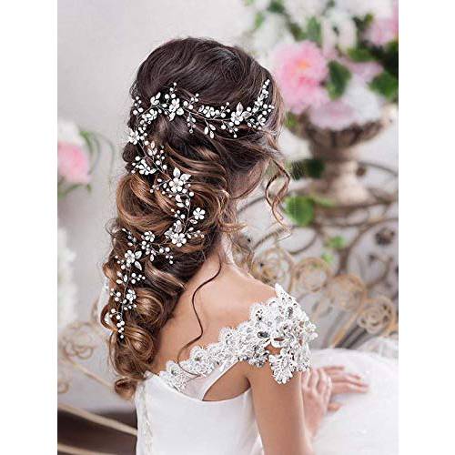 Catery Flower Bride Wedding Headband Gold Crystal Hair Vine Pearl Braid Headpiece Bridal Hair Piece Hair Accessories for Women (40CM) (Gold)