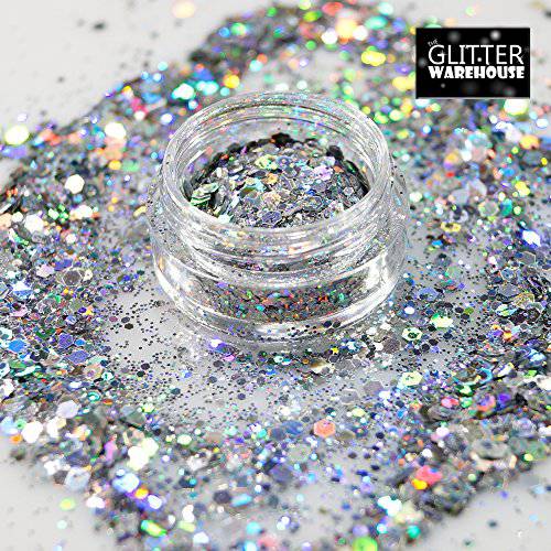 GlitterWarehouse Chunky Silver Mermaid Loose Holographic Solvent Resistant Cosmetic Grade Glitter (20g Jar)