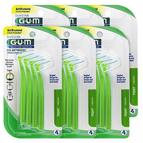 GUM - 10070942302835 Proxabrush Go-Betweens Interdental Brushes, Angle Cleaner, Tight, 4 Count (Pack of 6)