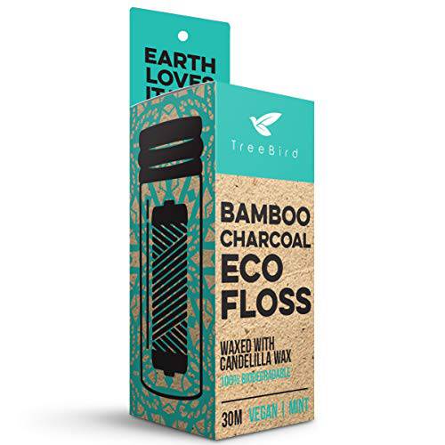Organic Biodegradable Bamboo Charcoal Dental Floss & Refillable Glass Holder | Vegan | Naturally Waxed with Candelilla Wax | 33yd Thread Spool | Eco-Friendly Zero Waste Oral Care | Mint Flavored
