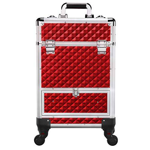Yaheetech Rolling Makeup Train Case Aluminum Cosmetic Case with Wheels Barber Case Salon Lockable Travel Trolley with Sliding Drawers Removable Divider, Red