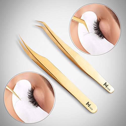 MGER Lash Tweezers for Eyelash Extensions, Hand Calibrated Dolphin-shaped & Curved Tip, False Lash Application Tools, Pack of 2, Gold