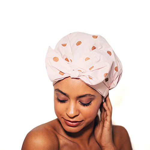 Kitsch Luxury Shower Cap for Women - Reusable Shower Cap for Long Hair with Non Slip Silicon Grip | Waterproof Hair Cap for Shower with One Size Fits Most | Stylish Hair Cover for Shower (Blush Dot)