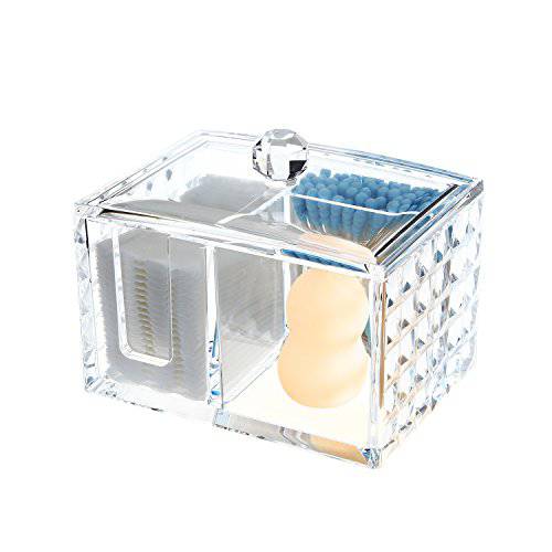 OYATON Clear Acrylic Cotton Pads Holder, Cotton Ball and Cotton Swabs Holder with lid for Bathroom and Bedroom,3 Storage Compartments (Small)