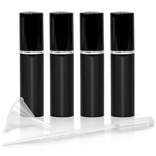 Refillable Perfume & Cologne Fine Mist Atomizers with Metallic Exterior & Glass Interior - Portable Travel Size - 3ml Squeeze Transfer Pipette Included - 4 Pc Pack of 5ml (Black)