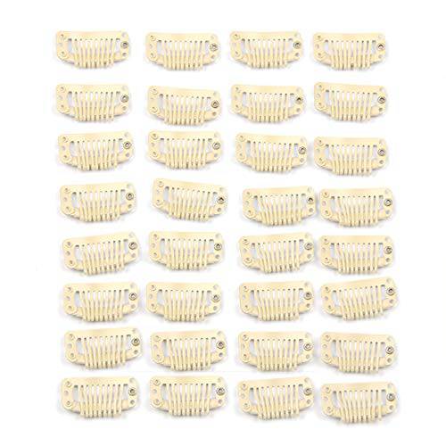 20pcs Metal Snap Clips for Hair Extensions DIY Clip in on Hair Extension Wigs 9 Teeth 32mm 1.2g/pc Black Brown Beige Color (Beige)
