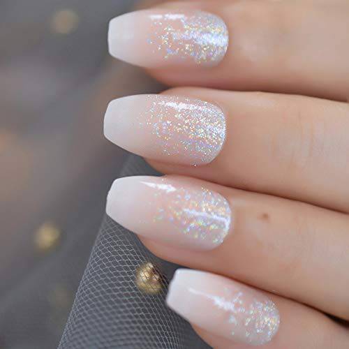 CoolNail Holo Glitter Pink Nude French Ballerina Coffin False Nails Gradient Natural Press on Fake Nails Tips Daily Office Finger Wear