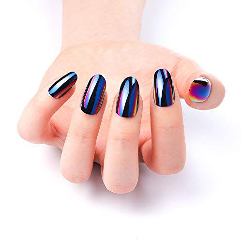 LIARTY 24pcs Coffin Green Magic Mirror Reflection Medium Length Full Cover False Nails Tips with Design (purple blue)
