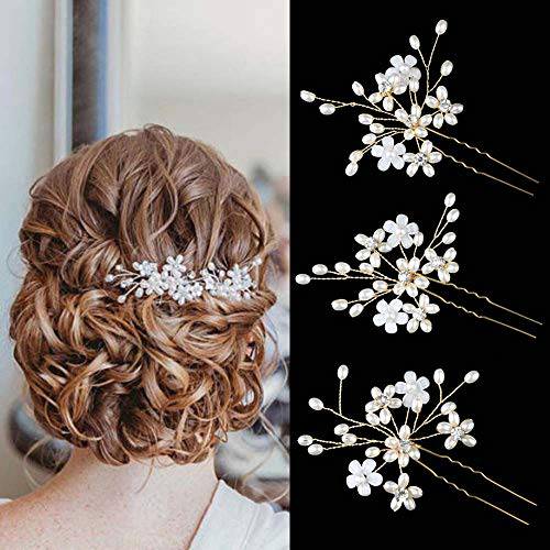 Sppry Wedding Hair Pins (3 Pcs) - Elegant Pearl Floral Crystal Hair Accessories for Bridal Women (Gold)