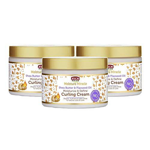African Pride Moisture Miracle Shea Butter & Flaxseed Oil Hair Curling Cream (3 Pack) - Shapes, Hydrates & Adds Shine to Natural Coils & Curls, Moisturizes & Defines, 12 oz