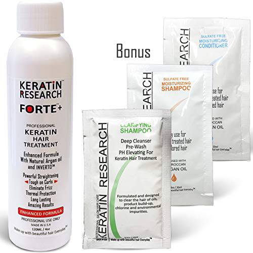 Extra Strength Keratin Forte-Plus Brazilian Keratin Hair Treatment Professional 120ml Bottle with Clarifying Shampoo & Sulfate Free Kit Proven Amazing Results by Keratin research