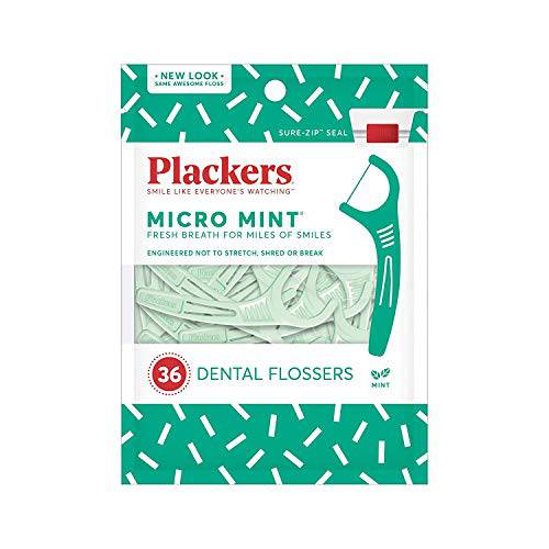 Plackers Micro Mint Dental Flossers, Fold-Out Toothpick, Super Tuffloss, Easy Storage with Sure-Zip Seal, Fresh Mint Flavor, 36 Count