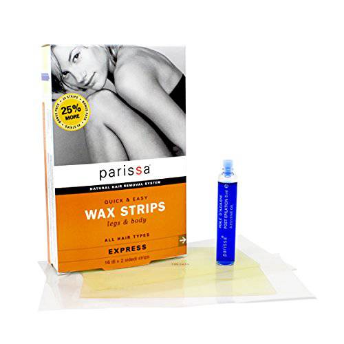 Legs & Body Wax Strips, Parissa Hair Removal Waxing Strips for Legs, Body, Bikini, Arms, Underarms with After care Azulene Oil, 20 Strips