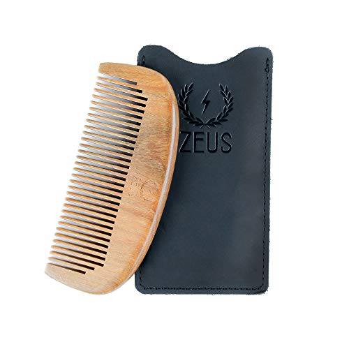 ZEUS Sandalwood Beard Comb with Genuine Leather Sheath, Anti-Static Wooden Comb for Long Beards - S31