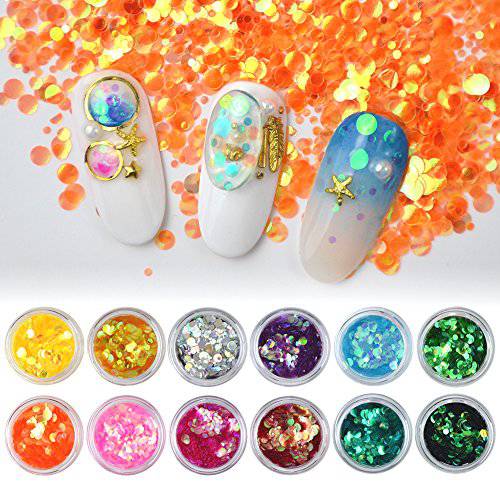 YesLady Nail Art Mermaid Round Glitter Transparent Paillette Flakes Manicure Charms Sequin Decoration 12 Colors