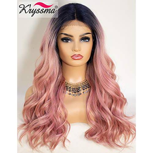 K’ryssma Pink Lace Front Wig Ombre with Roots T Part Medium Length Wavy Synthetic Wigs for Women Heat Resistant 2 Tone Ombre Pink Wig