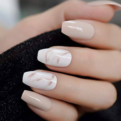 CoolNail 24Pcs Ballerina Fake Nails Khaki Nude Marble Coffin Flat Artificial False Nail Tips for Office Home Faux Ongle Free Glue Sticker