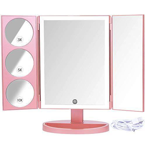 MIRRORVANA® X-Large Vanity Makeup Mirror with LED Lights | 360° Rotatable Extravagant Trifold Cosmetic Mirror with 10X, 5X, 3X Magnification for Women, Teens and Girls (Rose Gold)