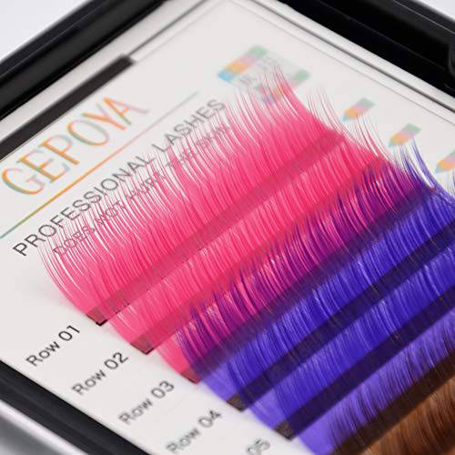 GEPOYA Color Eyelash Extension 0.07mm Thickness C Curl 3D Layer Volume Lash- 3 Lengths and 4 Colors Mixed Tray- Professional Salon Use