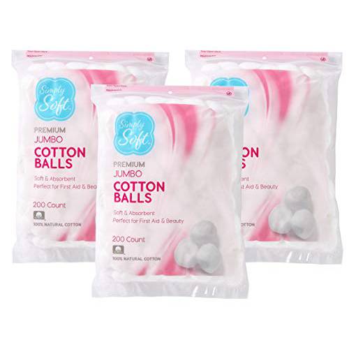 Simply Soft Premium Cotton Balls, 100% Pure Cotton, Absorbent, 200 Count (Pack of 3)