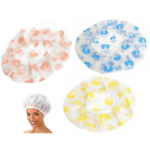 Large (Adult Size) Multipurpose Bathing & Shower Caps - Reusable, Washable (1 Blue, 1 Yellow & 1 Peach Floral) (3pc)