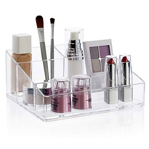 STORi Clear Plastic Vanity Makeup Organizer | Compact Rectangular 4-Compartment Holder for Brushes, Eyeshadow Palettes, & Beauty Supplies | Made in USA