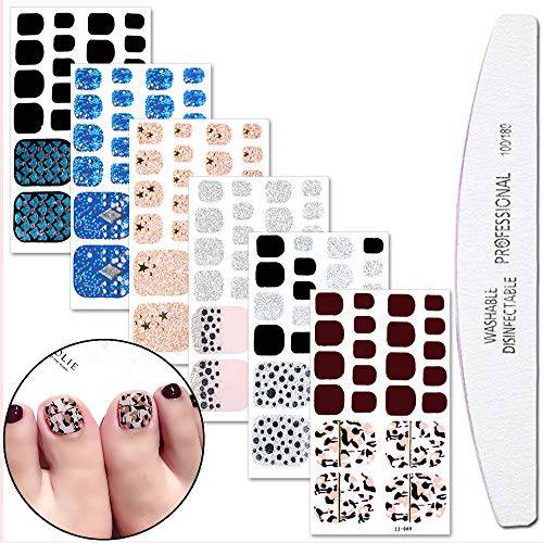 WOKOTO 6 Sheets Toenail Art Polish Stickers Strips with 1Pc Nail File Glitter Sequins Manicure Design Adhesive Nail Wraps Decal Tips