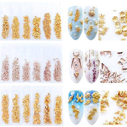GOTONE 3 Packs Metal Nail Art Studs, Mixed Shapes Nail Glitter Ocean Shell Starfish Moon Square Sea Animals, 3D Punk Nail Art Stickers Make Up DIY Decals Decoration for Face Body Cellphone Case