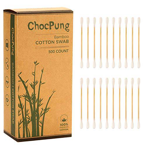 ChocPung Natural Bamboo Cotton Swabs – Pack of 500 Two Tip Buds – Double Tipped, Eco-Friendly & Biodegradable – Comfortable and Soft – Plastic Free