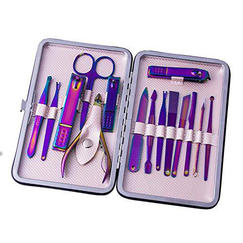 Holographic Manicure Set Nail Clippers 15 Pcs Stainless Steel Professional Grooming Kit Pedicure Tools Travel Case for Women