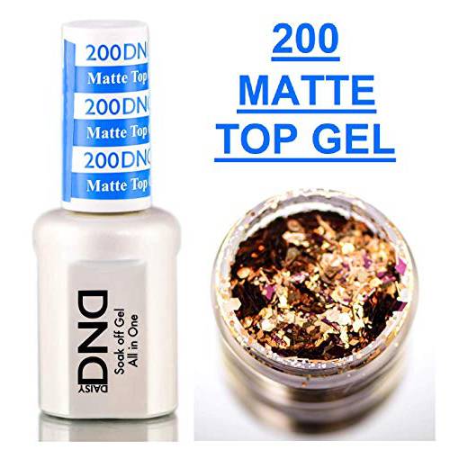 Daisy DND 200 MATTE TOP GEL, Soak off Gel NAIL All In One Daisy Top Coat for Nails (with bonus side Glitter) Made in USA (200 MATTE TOP COAT)